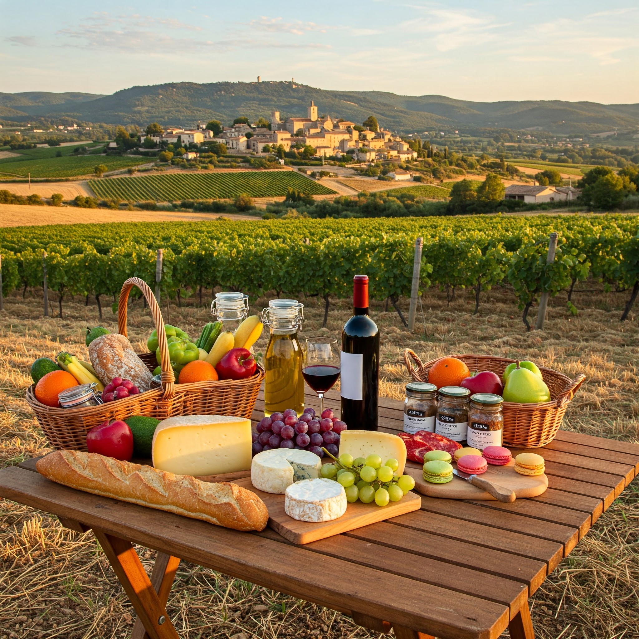 Vue d'ensemble sur une table de plusieurs produits alimentaire Français dans un vignoble