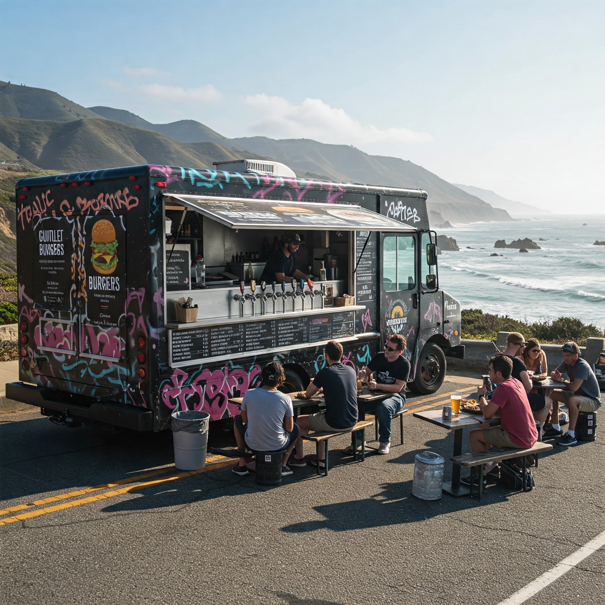 Vue d'ensemble sur un foodtruck spécialisé dans la nourriture américaine sur un parking vue sur la mer